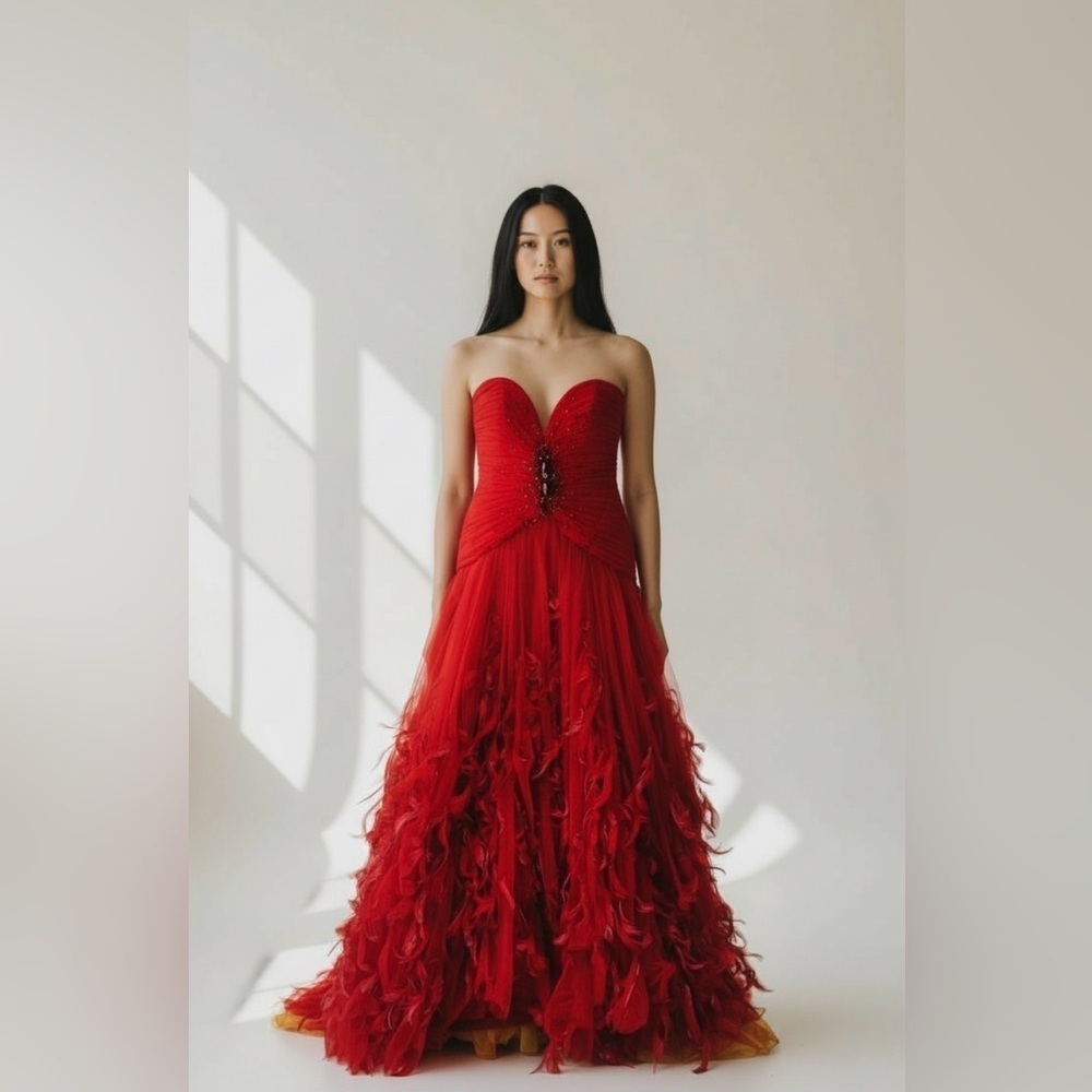 NWOT Jovani Vibrant Red feather strapless Prom/ quinceanera Dress Size 8